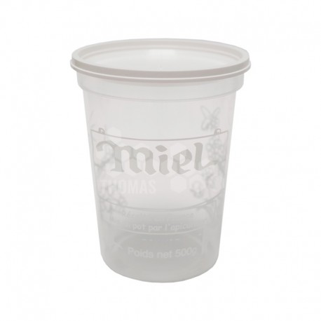 POT PLASTIQUE NICOT 500 GR PEP MIEL TRANSP AVEC IMPRESSION BLANCHE
