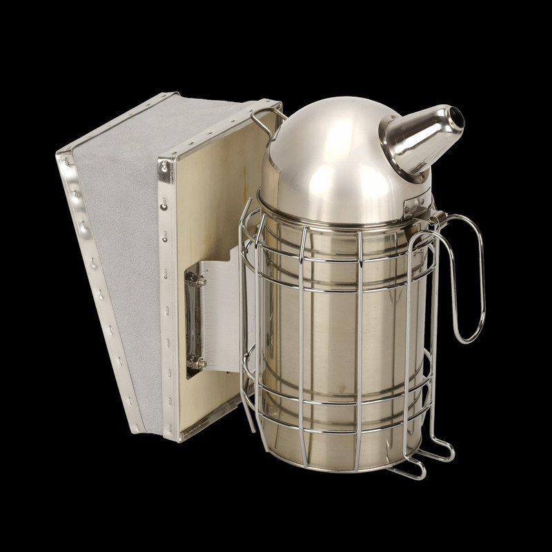 Enfumoir à abeilles inox traditionnel avec soufflet en cuir H.18 cm